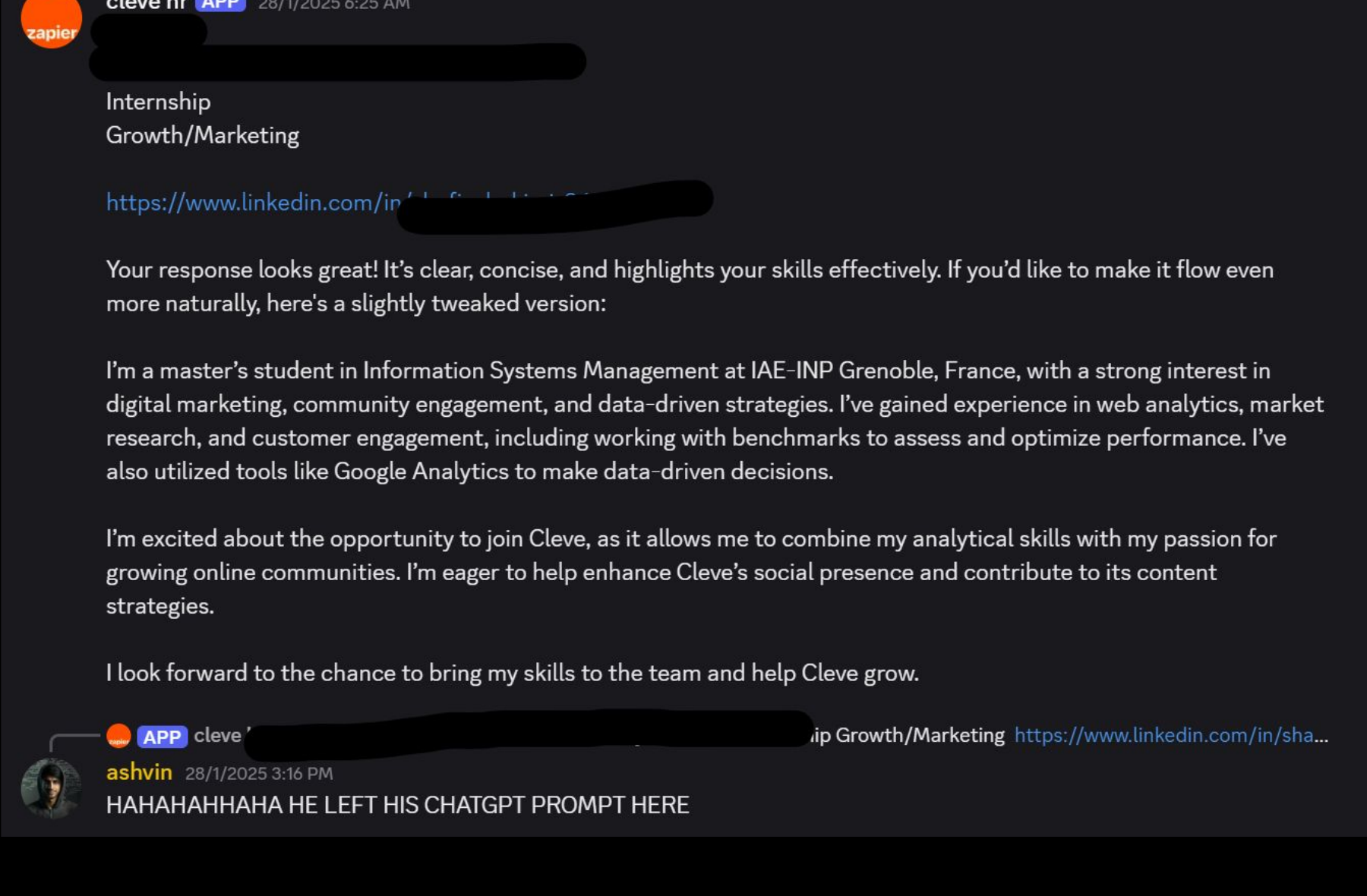 Application with ChatGPT preamble left in, cofounder laughing