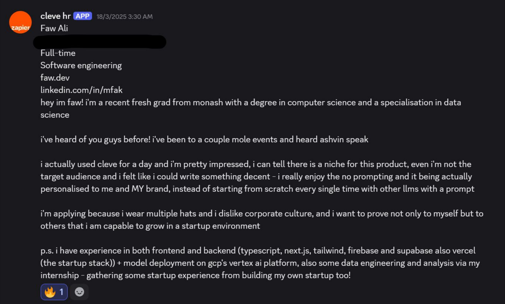 Faw's application message