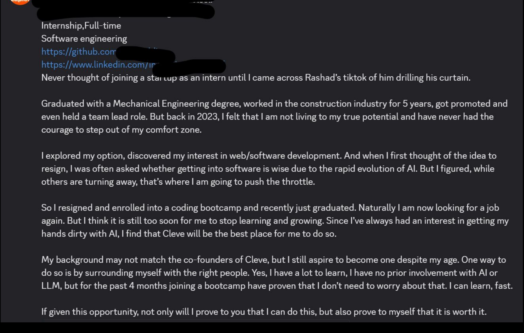 Career switcher application message