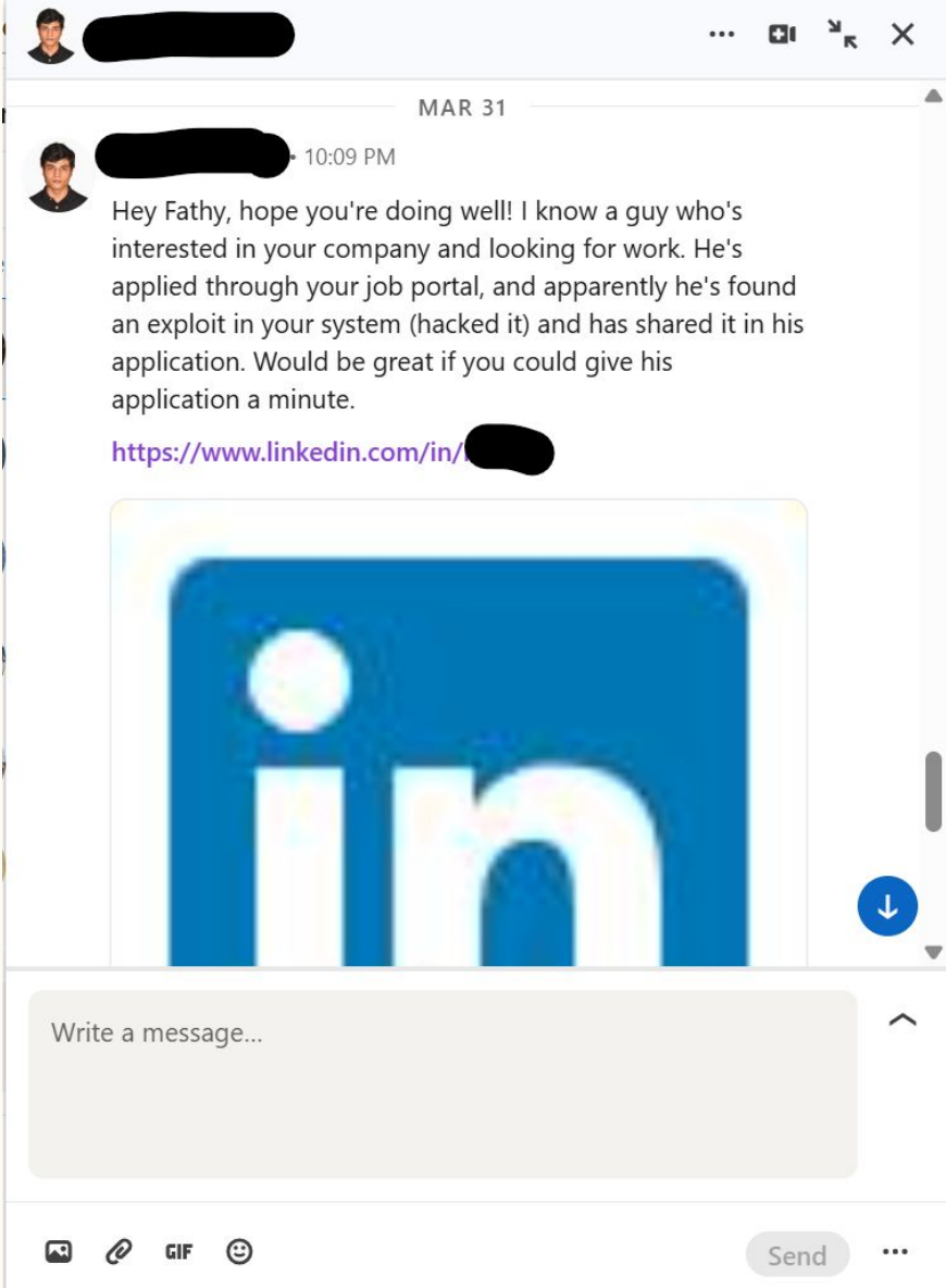 LinkedIn referral message mentioning the exploit