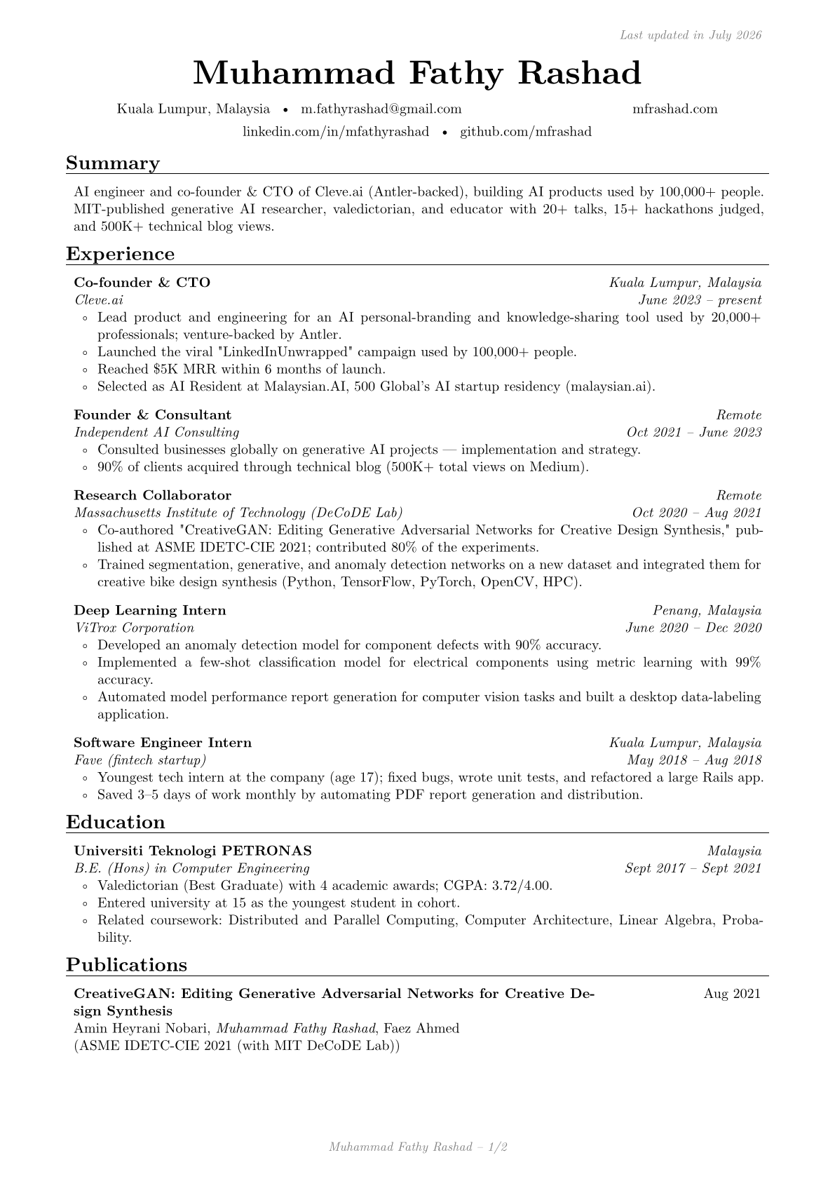 Rashad's rendered ATS-friendly CV