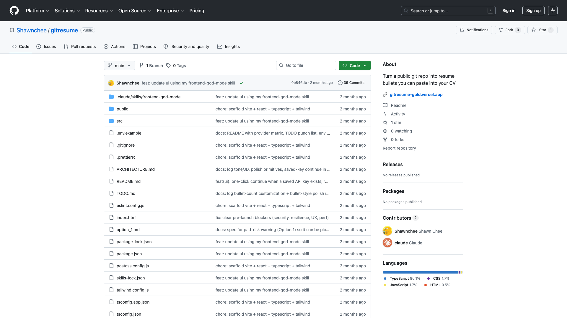 gitresume GitHub repo